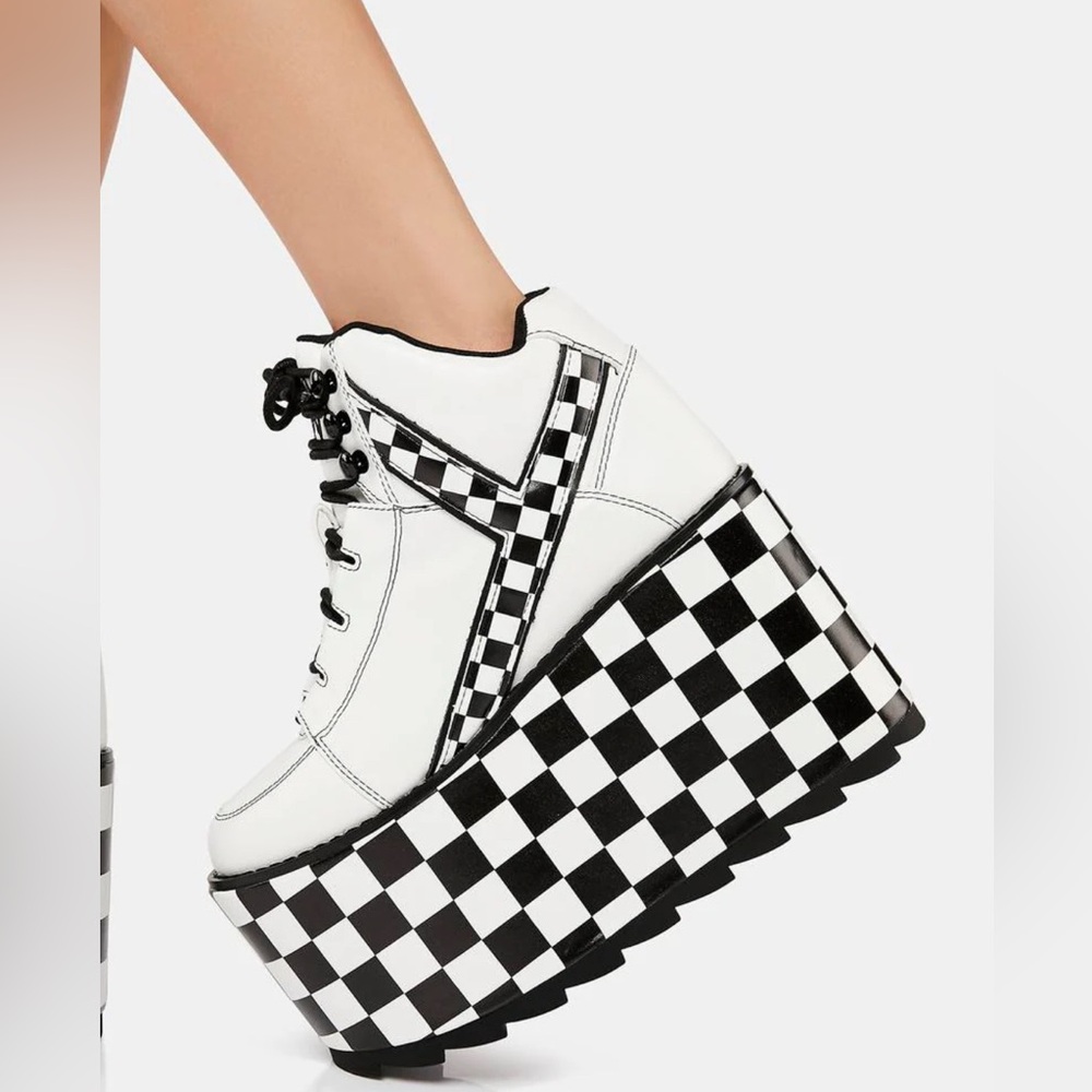 YRU Qozmo Checker Platform Sneakers in black and white vegan leather 8